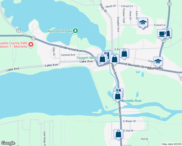 map of restaurants, bars, coffee shops, grocery stores, and more near 19 Lakeshore Drive in Montello