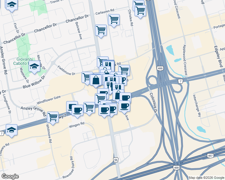map of restaurants, bars, coffee shops, grocery stores, and more near 7777 Weston Road in Vaughan