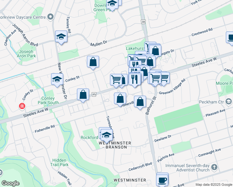 map of restaurants, bars, coffee shops, grocery stores, and more near 1131 Steeles Avenue West in Toronto