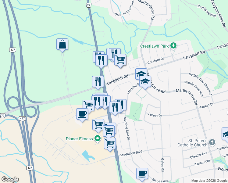 map of restaurants, bars, coffee shops, grocery stores, and more near 104 Cabinet Crescent in Vaughan