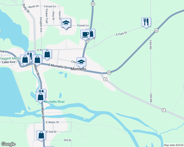 map of restaurants, bars, coffee shops, grocery stores, and more near 344 East Montello Street in Montello