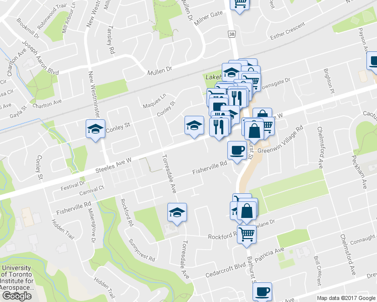 map of restaurants, bars, coffee shops, grocery stores, and more near in Toronto