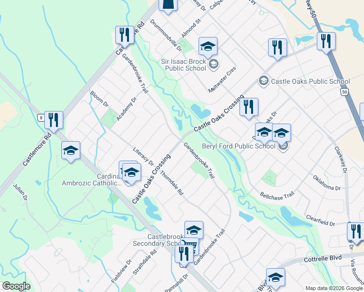 map of restaurants, bars, coffee shops, grocery stores, and more near 110 Gardenbrooke Trail in Brampton