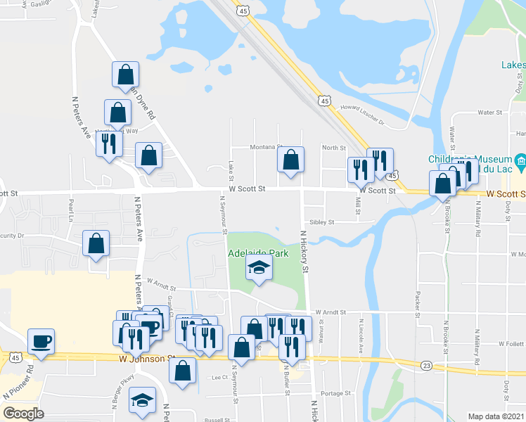 map of restaurants, bars, coffee shops, grocery stores, and more near 474 West Scott Street in Fond du Lac