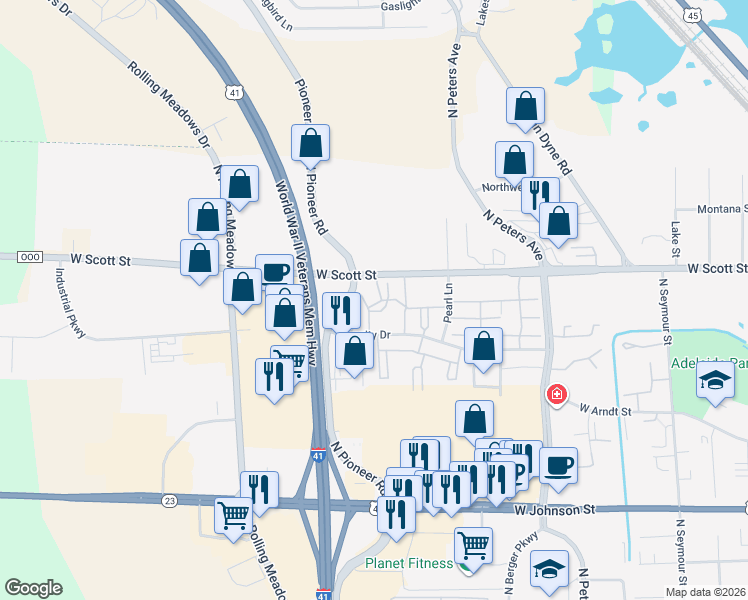 map of restaurants, bars, coffee shops, grocery stores, and more near 914-938 W Scott St in Fond du Lac