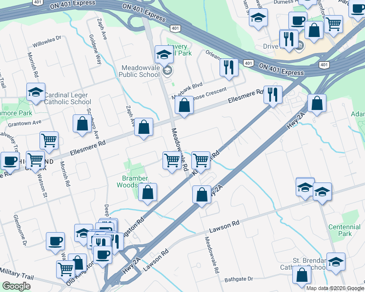 map of restaurants, bars, coffee shops, grocery stores, and more near in Toronto