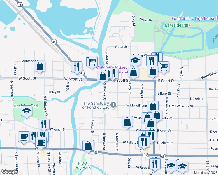 map of restaurants, bars, coffee shops, grocery stores, and more near 177 Sibley Street in Fond du Lac