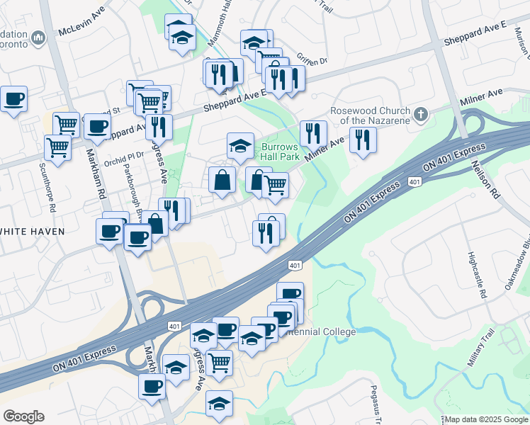 map of restaurants, bars, coffee shops, grocery stores, and more near 455 Milner Avenue in Toronto