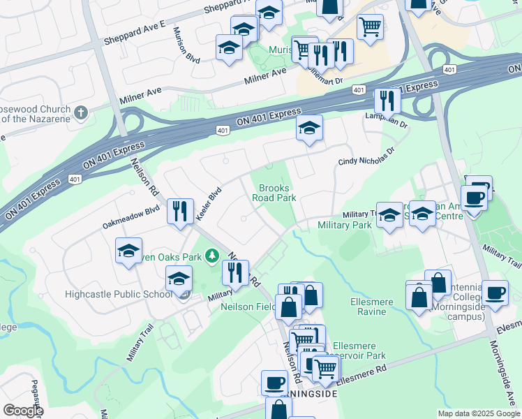 map of restaurants, bars, coffee shops, grocery stores, and more near 19 Skyridge Road in Toronto