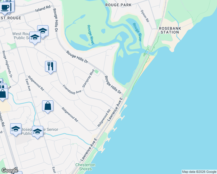 map of restaurants, bars, coffee shops, grocery stores, and more near 230 Rouge Hills Drive in Toronto