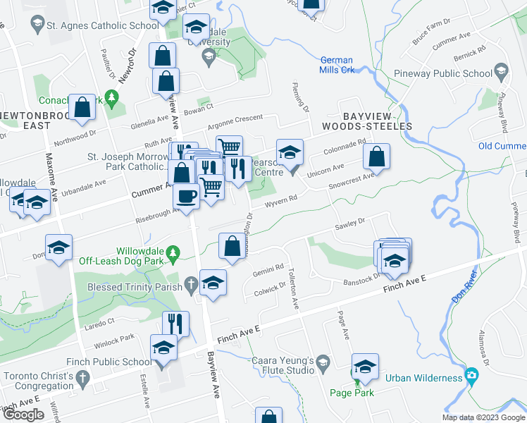 map of restaurants, bars, coffee shops, grocery stores, and more near 7 Wyvern Road in Toronto
