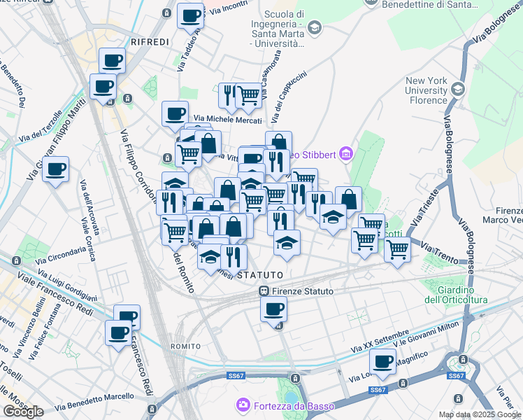 map of restaurants, bars, coffee shops, grocery stores, and more near 10 Via Atto Vannucci in Florence
