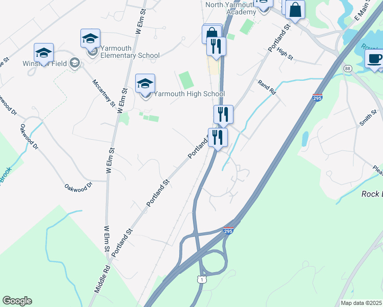 map of restaurants, bars, coffee shops, grocery stores, and more near 287 Portland Street in Yarmouth