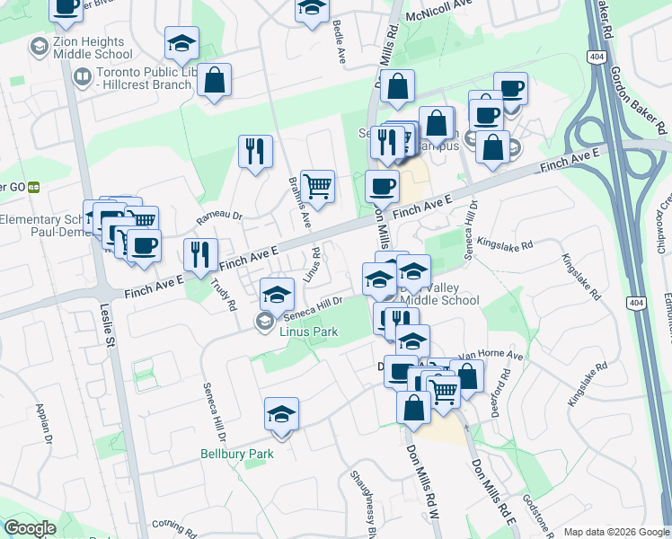 map of restaurants, bars, coffee shops, grocery stores, and more near 177 Linus Road in Toronto