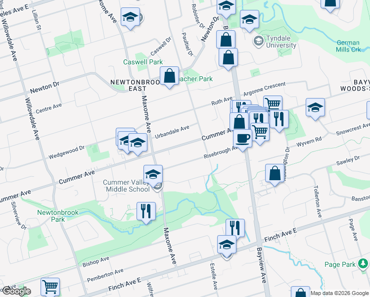 map of restaurants, bars, coffee shops, grocery stores, and more near 411 Cummer Avenue in Toronto