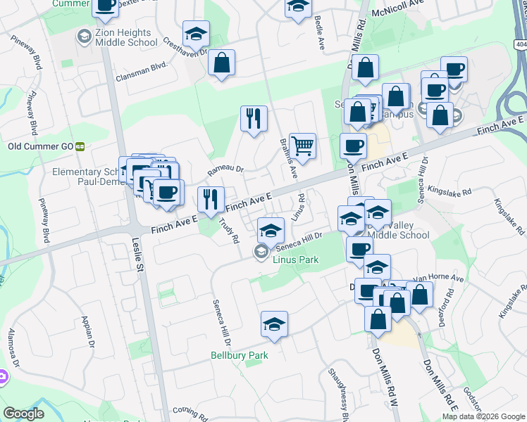map of restaurants, bars, coffee shops, grocery stores, and more near 4 Sand Fern Way in Toronto