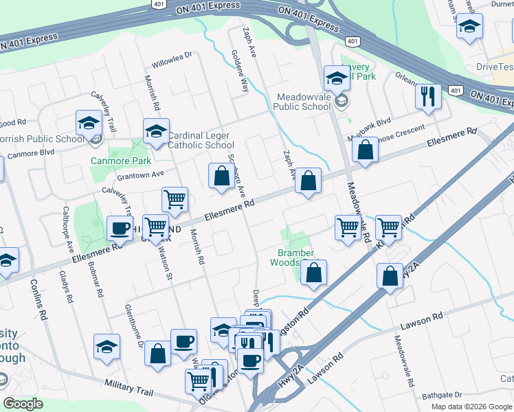 map of restaurants, bars, coffee shops, grocery stores, and more near 3759 Ellesmere Road in Toronto