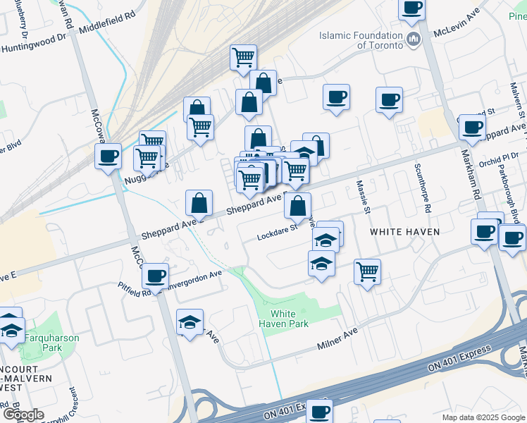 map of restaurants, bars, coffee shops, grocery stores, and more near 66 Glenstroke Drive in Toronto
