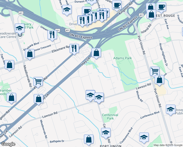 map of restaurants, bars, coffee shops, grocery stores, and more near 357 Centennial Road in Toronto