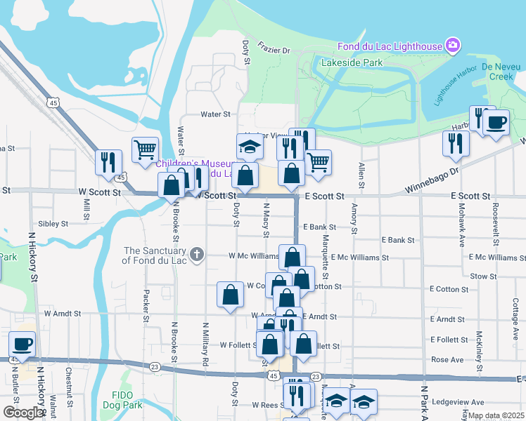 map of restaurants, bars, coffee shops, grocery stores, and more near 53 W Bank St in Fond du Lac