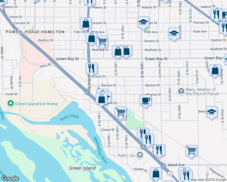 map of restaurants, bars, coffee shops, grocery stores, and more near 2018 14th Street South in La Crosse
