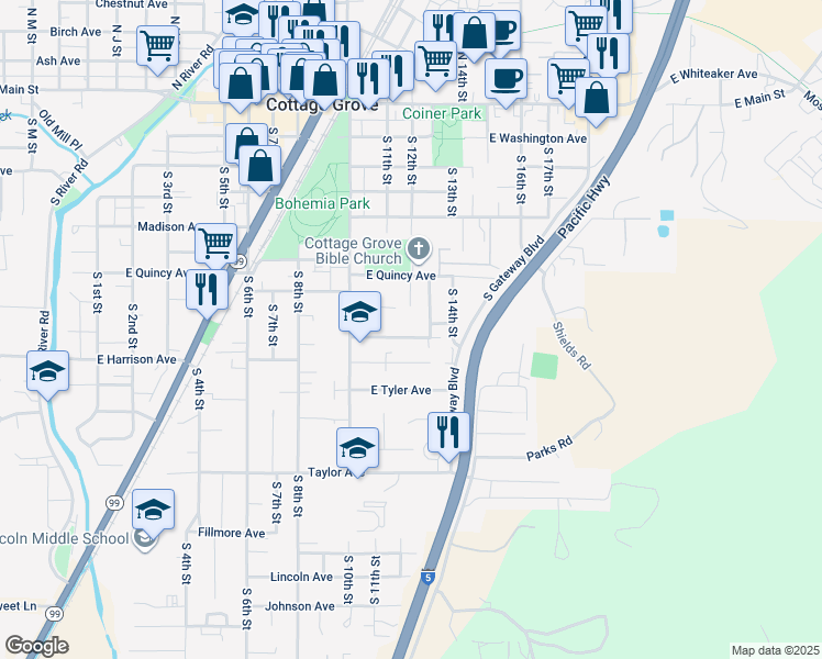 map of restaurants, bars, coffee shops, grocery stores, and more near 1200 East Van Buren Avenue in Cottage Grove