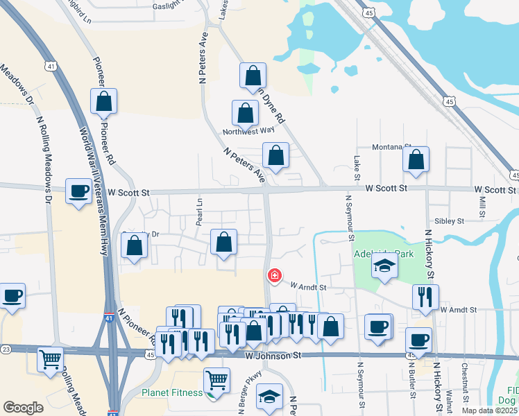 map of restaurants, bars, coffee shops, grocery stores, and more near 431 North Peters Avenue in Fond du Lac