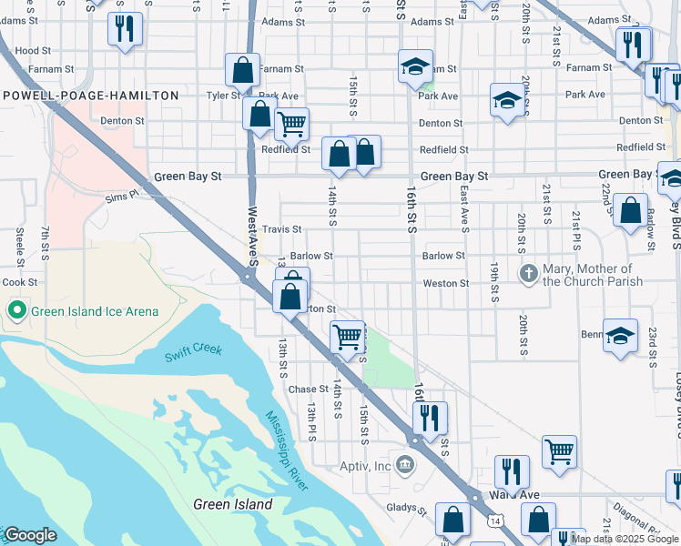 map of restaurants, bars, coffee shops, grocery stores, and more near 2018 14th Street South in La Crosse