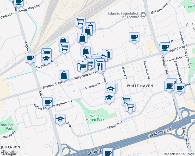 map of restaurants, bars, coffee shops, grocery stores, and more near 96 Glenstroke Drive in Toronto