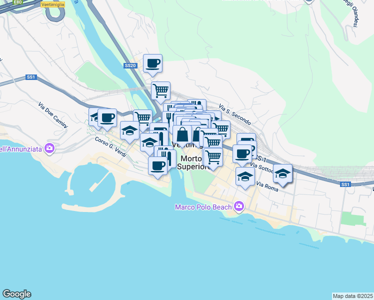 map of restaurants, bars, coffee shops, grocery stores, and more near 25 Via Martiri della Liberta in Ventimiglia