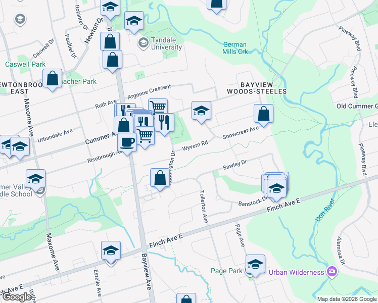 map of restaurants, bars, coffee shops, grocery stores, and more near 15 Wyvern Road in Toronto