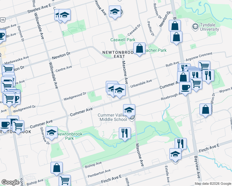 map of restaurants, bars, coffee shops, grocery stores, and more near 10 Geranium Court in Toronto