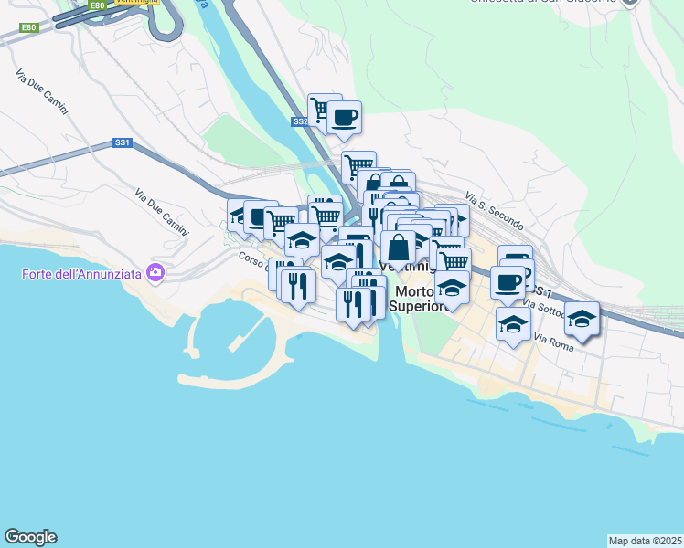 map of restaurants, bars, coffee shops, grocery stores, and more near 10 Via al Capo in Ventimiglia