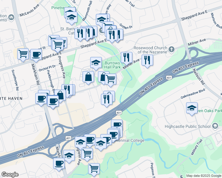 map of restaurants, bars, coffee shops, grocery stores, and more near 465 Milner Avenue in Toronto