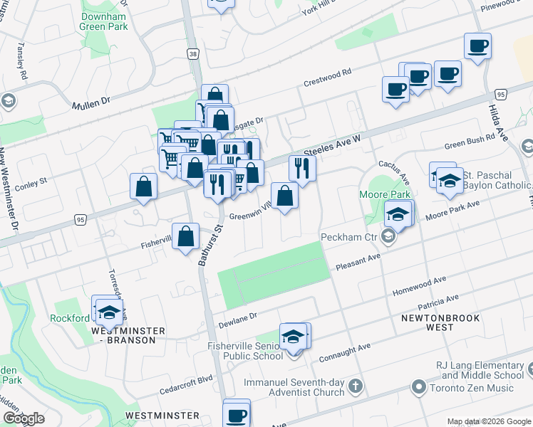 map of restaurants, bars, coffee shops, grocery stores, and more near 3 Regatta Crescent in Toronto