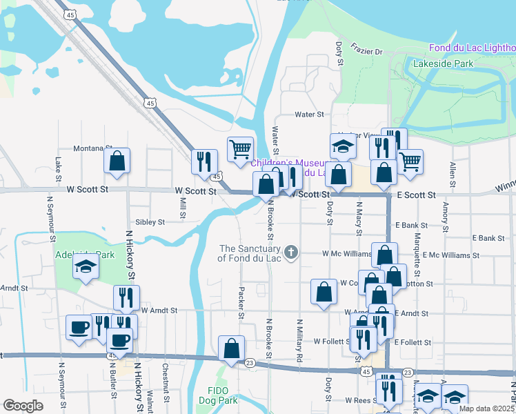 map of restaurants, bars, coffee shops, grocery stores, and more near 422 River St in Fond du Lac
