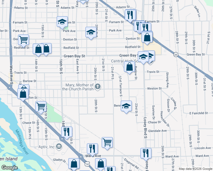 map of restaurants, bars, coffee shops, grocery stores, and more near 2017 21st Street South in La Crosse