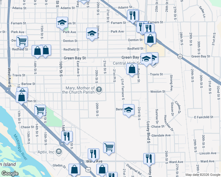 map of restaurants, bars, coffee shops, grocery stores, and more near 2017 21st Street South in La Crosse