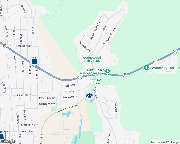 map of restaurants, bars, coffee shops, grocery stores, and more near W5912 Valley Parkway in La Crosse