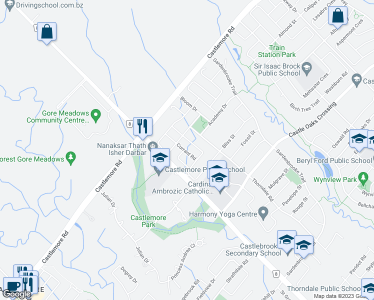 map of restaurants, bars, coffee shops, grocery stores, and more near 13 Currant Road in Brampton