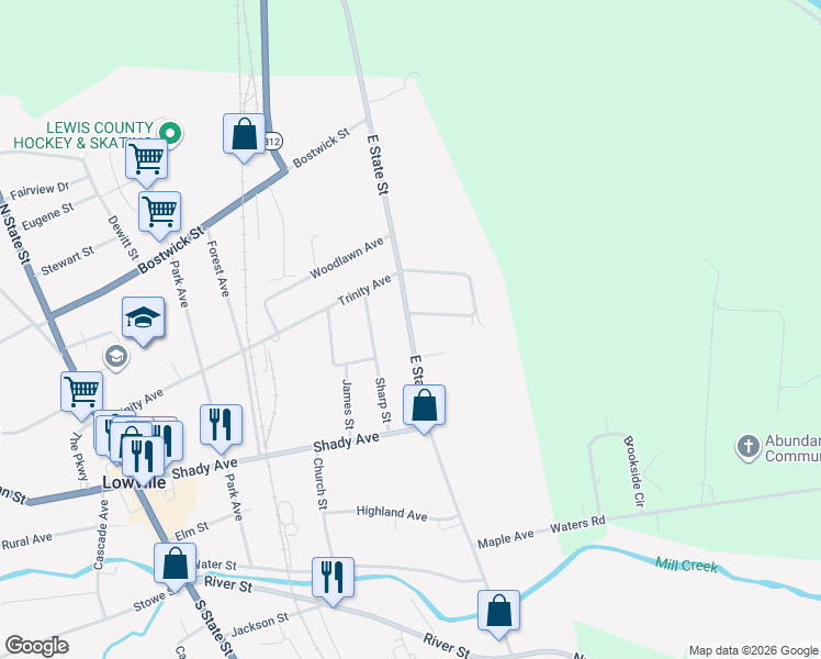 map of restaurants, bars, coffee shops, grocery stores, and more near 7668 East State Street in Lowville