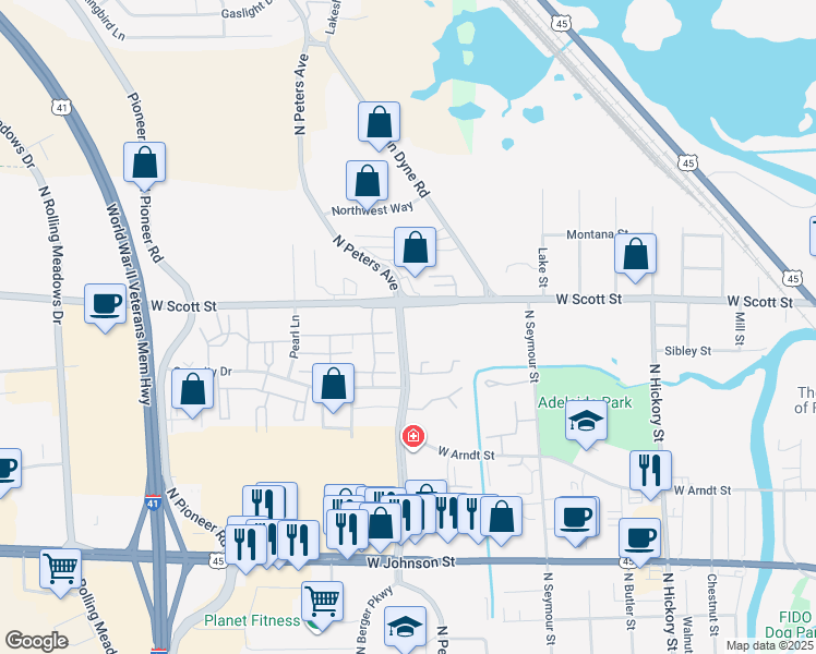 map of restaurants, bars, coffee shops, grocery stores, and more near 431 North Peters Avenue in Fond du Lac