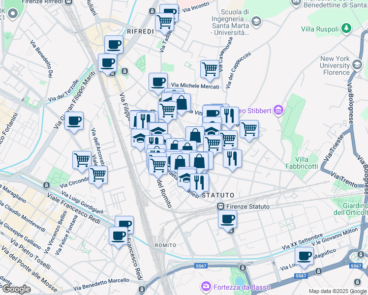map of restaurants, bars, coffee shops, grocery stores, and more near 3 Piazza Pietro Leopoldo in Firenze