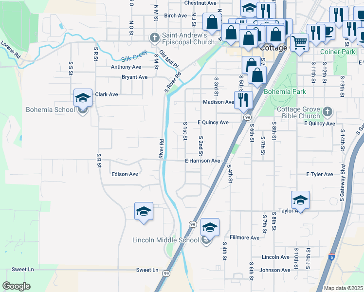 map of restaurants, bars, coffee shops, grocery stores, and more near 745 South 1st Street in Cottage Grove