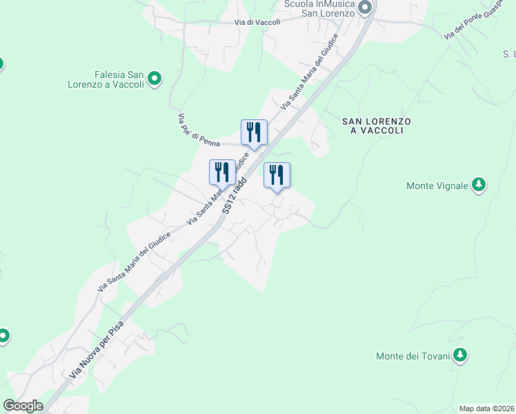 map of restaurants, bars, coffee shops, grocery stores, and more near 238 Via del Borgo in Lucca