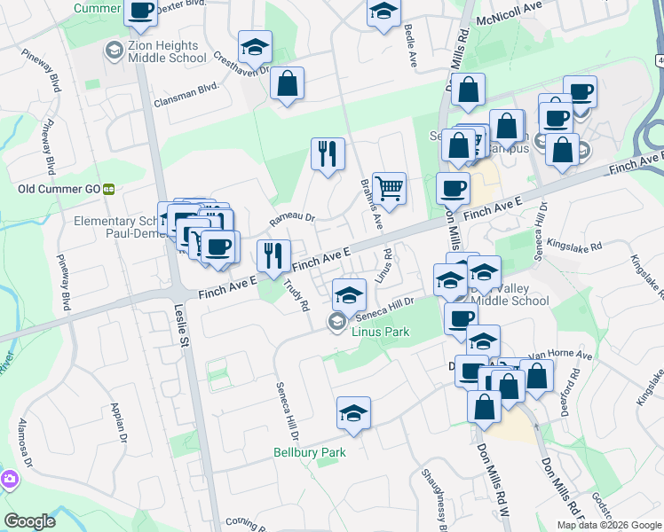 map of restaurants, bars, coffee shops, grocery stores, and more near 28 Crest Fern Way in Toronto