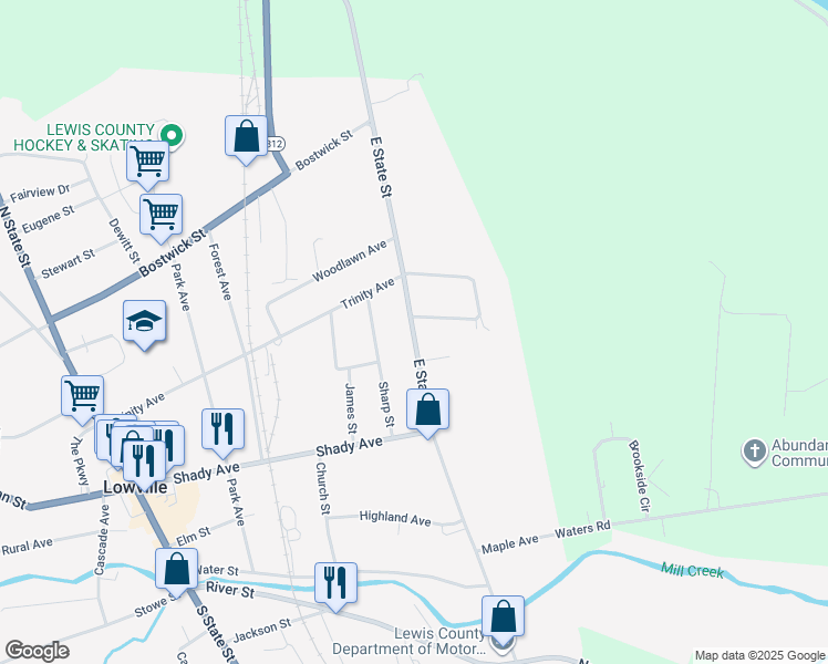 map of restaurants, bars, coffee shops, grocery stores, and more near 7668 East State Street in Lowville