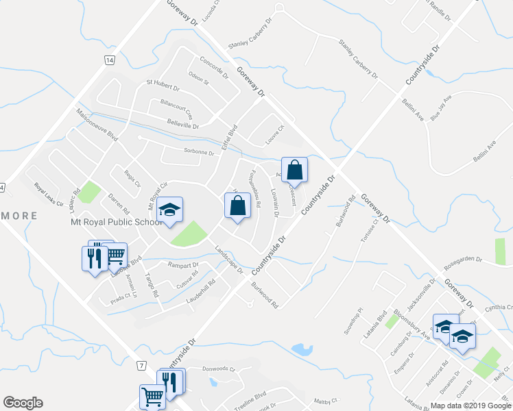 map of restaurants, bars, coffee shops, grocery stores, and more near 26 Fontainebleu Road in Brampton