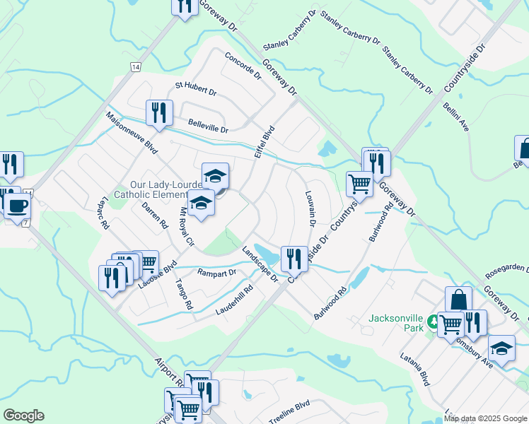 map of restaurants, bars, coffee shops, grocery stores, and more near 130 Mount Royal Circle in Brampton