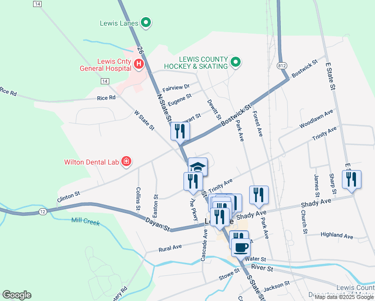 map of restaurants, bars, coffee shops, grocery stores, and more near 7700 Number Three Road in Lowville